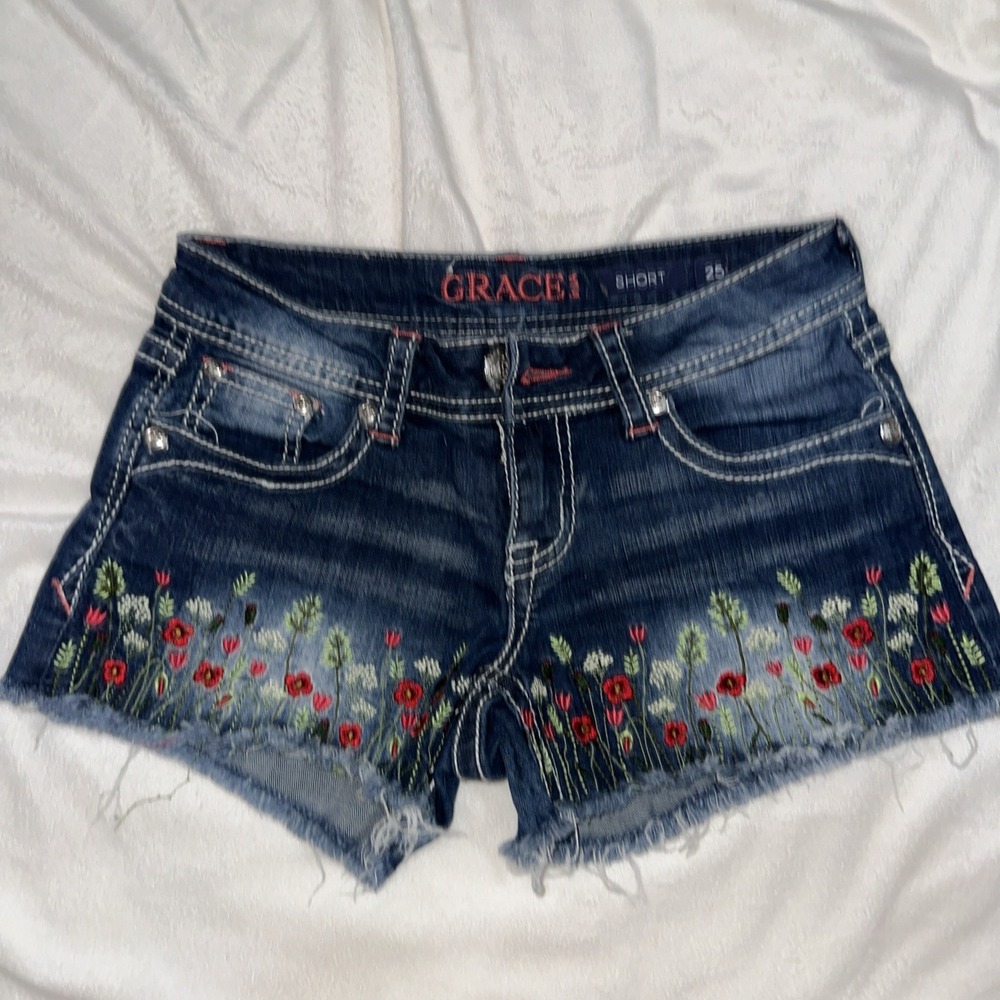 Grace In LA Shorts Womens Embellished  Denim Low‎ Rise Super Cute